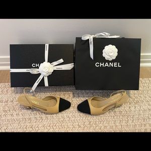 CHANEL Cap Toe CC Slingback Pumps with box +bag